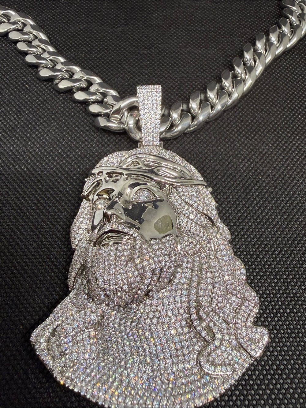 Large Moissanite Jesus Pendant-Passes Diamond Tester. With Stainless Cubin Chain